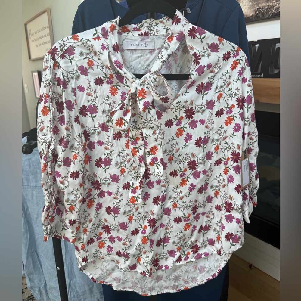 Floral Tie-Neck Blouse - White, Purple, and Orange